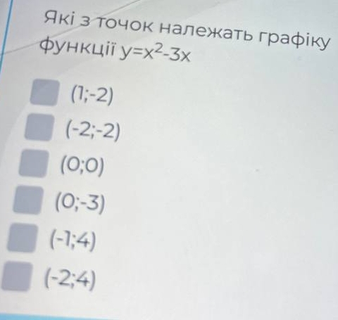 Які з точок належкать графіку
φункцii y=x^2-3x
(1;-2)
(-2;-2)
(0;0)
(0;-3)
(-1;4)
(-2;4)