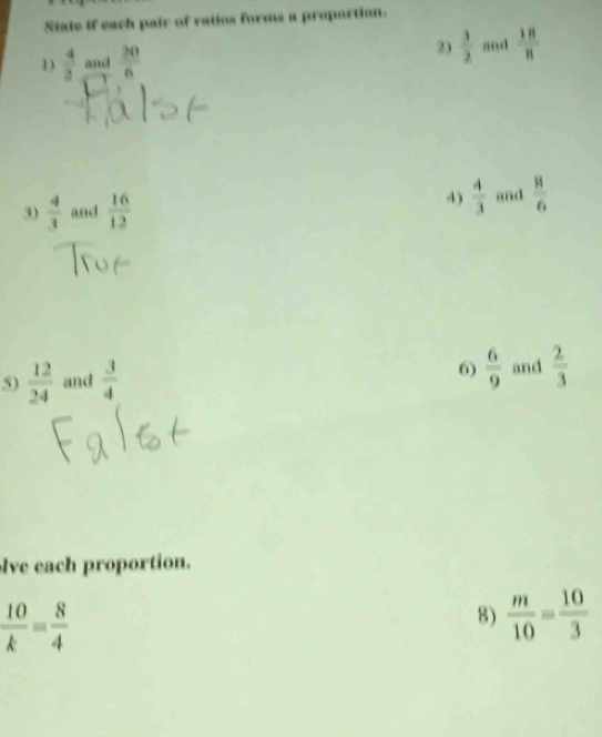 State if each pair of vatios forms a proportion. 
D  4/3  and  20/6  2)  3/2  and  18/8 
3)  4/3  and  16/12 
4)  4/3  and  8/6 
6)  6/9 
5)  12/24  and  3/4  and  2/3 
lve each proportion.
 10/k = 8/4 
8)  m/10 = 10/3 