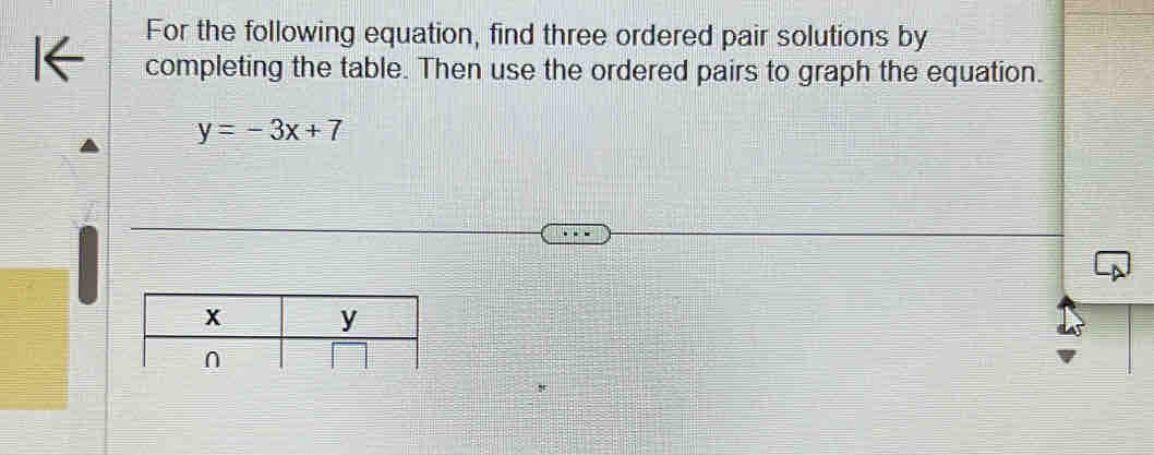 For the following equation, find three ordered pair solutions by 
completing the table. Then use the ordered pairs to graph the equation.
y=-3x+7