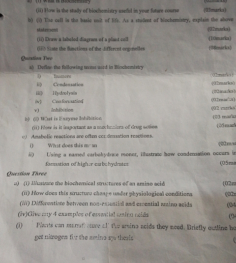 (1) What is Biochemisty (02marks) 
(ii) How is the study of biochemistry useful in your future course (03marks) 
b) (i) The cell is the basic unit of life. As a student of biochemistry, explain the above 
statement (02marks) 
(ii) Draw a labeled diagram of a plant cell (10marks) 
(iii) State the functions of the different organelles (08marks) 
Question Two 
a) Define the following terms used in Biochemistry 
i Isomers (02marks) 
ii) Condensation (02marks) 
iii) Hydrolysis (02marks) 
iv) Conformation (02mar':s) 
v) Inhibition (02 marks 
b) (i) What is Enzyme Inhibition (03 marks 
(ii) How is it important as a mechanism of drug action (05marl 
c) Anabolic reactions are often ccr:densation reactions. 
i) What does this m an (02ma 
ii) Using a named carbohydrate moner, illustrate how condensation occurs in 
formation of higher carbohydrates (05ma 
Question Three 
u) (i) Illustrate the biochemical structures of an amino acid (02m 
(ii) How does this structure change under physiological conditions (02r 
(iii) Differentiate between non-essential and essential amino acids (04 
(iv)Give any 4 examples of essential anino neids 
(0 
(i) Plants can manufrcture all the amino acids they need. Briefly outline he 
get nitrogen for the amino syr thesis