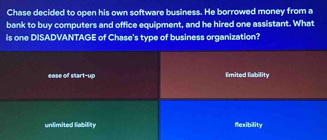 Chase decided to open his own software business. He borrowed money from a
bank to buy computers and office equipment, and he hired one assistant. What
is one DISADVANTAGE of Chase's type of business organization?
ease of start-up limited liability
unlimited liability flexibility