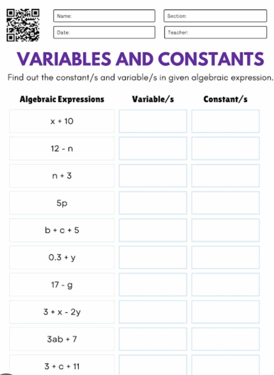 Name: Section:
Date: Teacher:
VARIABLES AND CONSTANTS
Find out the constant/s and variable/s in given algebraic expression.
3+c+11