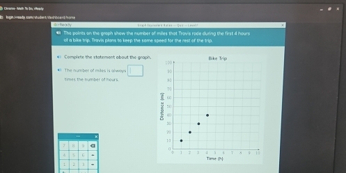 Corume-Madin Te (po, i Powdy 
lt loga. H-eeady. cons/ student/dashboard. fome 
@ i Readly 
4 The points on the graph show the number of miles that Travis rode during the first 4 hours
of a bike trip. Travis plans to keep the same speed for the rest of the trip 
= Complete the statement about the graph. 
* The number of miles is always □
7 8 9 a
5 6! 2 *