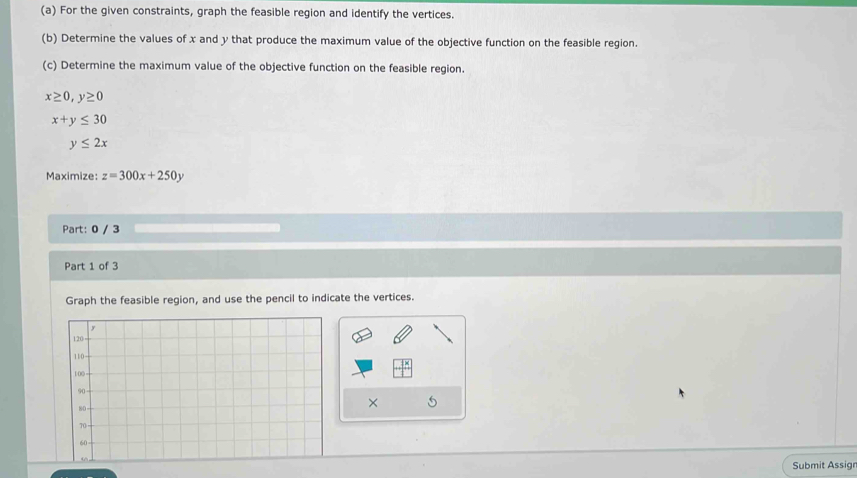 For the given constraints, graph the feasible region and identify the vertices. 
(b) Determine the values of x and y that produce the maximum value of the objective function on the feasible region. 
(c) Determine the maximum value of the objective function on the feasible region.
x≥ 0, y≥ 0
x+y≤ 30
y≤ 2x
Maximize: z=300x+250y
Part: 0 / 3 
Part 1 of 3 
Graph the feasible region, and use the pencil to indicate the vertices. 
× 
Submit Assign