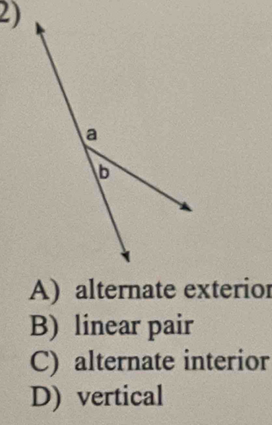 A) alternate exterior
B) linear pair
C) alternate interior
D) vertical