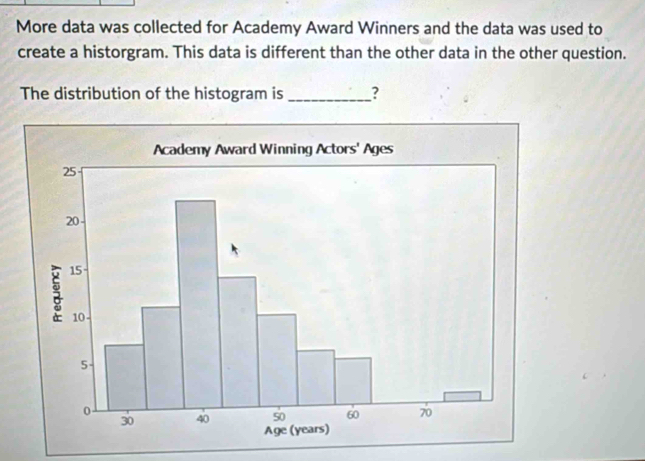 More data was collected for Academy Award Winners and the data was used to 
create a historgram. This data is different than the other data in the other question. 
The distribution of the histogram is _?