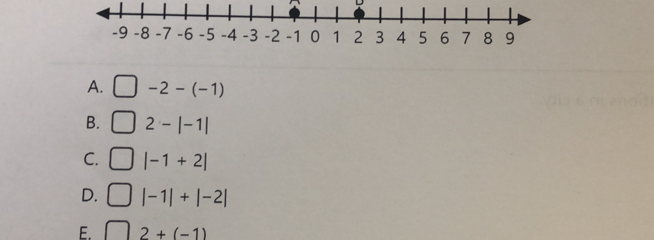 A. -2-(-1)
B. 2-|-1|
C. |-1+2|
D. |-1|+|-2|
E. 2+(-1)