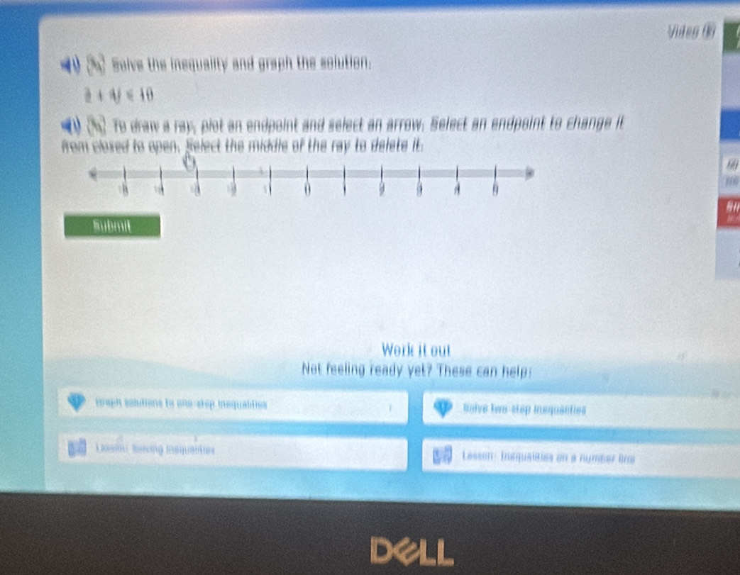 Viias ⑩ 
Solve the insquality and graph the solution.
2+4j<10</tex> 
To draw a ray, plot an endpoint and select an arrow. Select an endpoint to change it 
from closed to open. Select the middle of the ray to delete it.
6
Submil 
Work it out 
Not feeling ready yet? These can help: 
graph salutions to ens-step insqualilies Balve two-step insqualities 
Jn boiing Inequatte Lesson : Insquaiates on a number fns