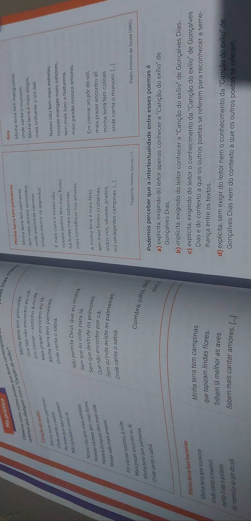 Na prática
Goa
Observe como outros poetas que foram contempora
ves Dias criar Minha terra tem palmeiras
Minha terra tem palmeiras Minha terra tem mangueiras
poemas que dialogam com a "Canção do exílio".
Minha terra tem primores,
Que tais não encontro eu cá
tem mais densos arvoredos onde canta o muruoni:
Em cismar - sozinho à noite -
onde avezinhas canoras Minha terra é mais alegre,
Canção do exílio
Mais prazer encontro eu lá;
trinam d'amor os segredos. mais brilhante o sol dali.
Minha terra tem palmeiras,
Onde canta o sabiá, Minha terra tem palmeiras
Onde canta o sabiá. Nosso céu tem mais estrelas,
É mais claro o nosso céu,
nossos jardins têm mais flores, nossas mangas mais sabores,
As aves que aquí gorjeíam
há frutas mais saborosas, tem mais luxo a Natureza,
Não gorjeiam como lá:
Não permita Deus que eu morra.
Nosso céu tem mais estrelas,
Sem que eu volte para lá; mais constância nos amores. mais paixão nossos amores.
Sem que desfrute os primores
A minha terra é mais fértil, Em cismar ao pôr do sol,
Nossas várzeas têm mais flores,
Que não encontro por cá; tem mais fontes cristalinas, mais prazer encontro ali
Nossos bosques têm mais vida,
Nossa vida mais amores.
lindos rios, várzeas, prados, minha terra tem colinas
Sem qu'inda aviste as palmeiras
Onde canta o sabiá. mil verdejantes campinas. [...] onde canta o muruoni. □ ...□
Em cismar sozinho, à noite,
Mais prazer encontro eu lá;
Hyppolito Pereira Garcez (?). Pedro Antonio de Sousa (1882).
Minha terra tem palmeiras,
Coimbra, julho, 1847 Podemos perceber que a intertextualidade entre esses poemas é
Onde canta o sabiá.
DIAS,G a) explícita, exigindo do leitor apenas conhecer a 'Canção do exílio" de
Gonçalves Dias
b) implícita, exigindo do leitor conhecer a'' Canção do exílio'' de Gonçalves Dias.
Minha terra tem loureiros
c) explícita, exigindo do leitor o conhecimento da 'Canção do exílio' de Gonçalves
Minha terra tem campinas Dias e do contexto a que os outros poetas se referem para reconhecer a seme-
Minha terra tem loureiros
onde canta o rouxinol
que tapizam lindas flores. Ihança entre os textos.
Trilham lá melhor as aves
canta triste e solitário d) explícita, sem exigir do leitor nem o conhecimento da 'Canção do exílio" de
de manhã e ao pôr do sol,
Sabem mais cantar amores. [...] Gonçalves Dias nem do contexto a que os outros poetas se referem.