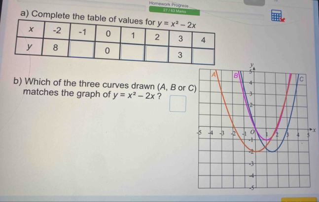 Homework Progress
27 /03 Marks
a) Complete t
b) Which of the three curves drawn (A, B or C
matches the graph of y=x^2-2x ?
X