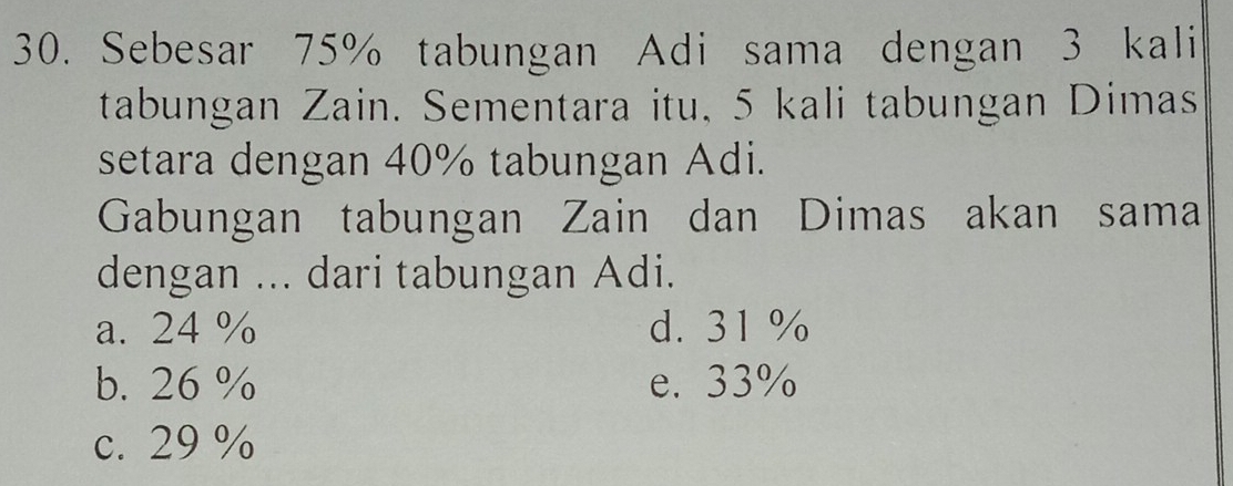 Sebesar 75% tabungan Adi sama dengan 3 kali
tabungan Zain. Sementara itu, 5 kali tabungan Dimas
setara dengan 40% tabungan Adi.
Gabungan tabungan Zain dan Dimas akan sama
dengan ... dari tabungan Adi.
a. 24 % d. 31%
b. 26 % e. 33%
c. 29 %