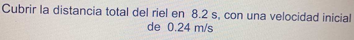 Cubrir la distancia total del riel en 8.2 s, con una velocidad inicial 
de 0.24 m/s