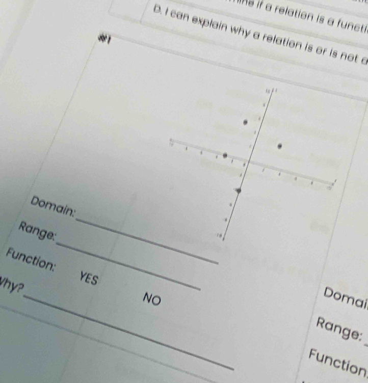 ne if a relation is a functi 
D. I can explain why a relation is or is not a 
#1 
_ 
Domain: 
Range: 
Function: 
YES 
Vhy? 
_ 
_NO 
Domai 
Range: 
Function