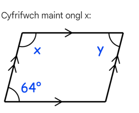 Cyfrifwch maint ongl x: