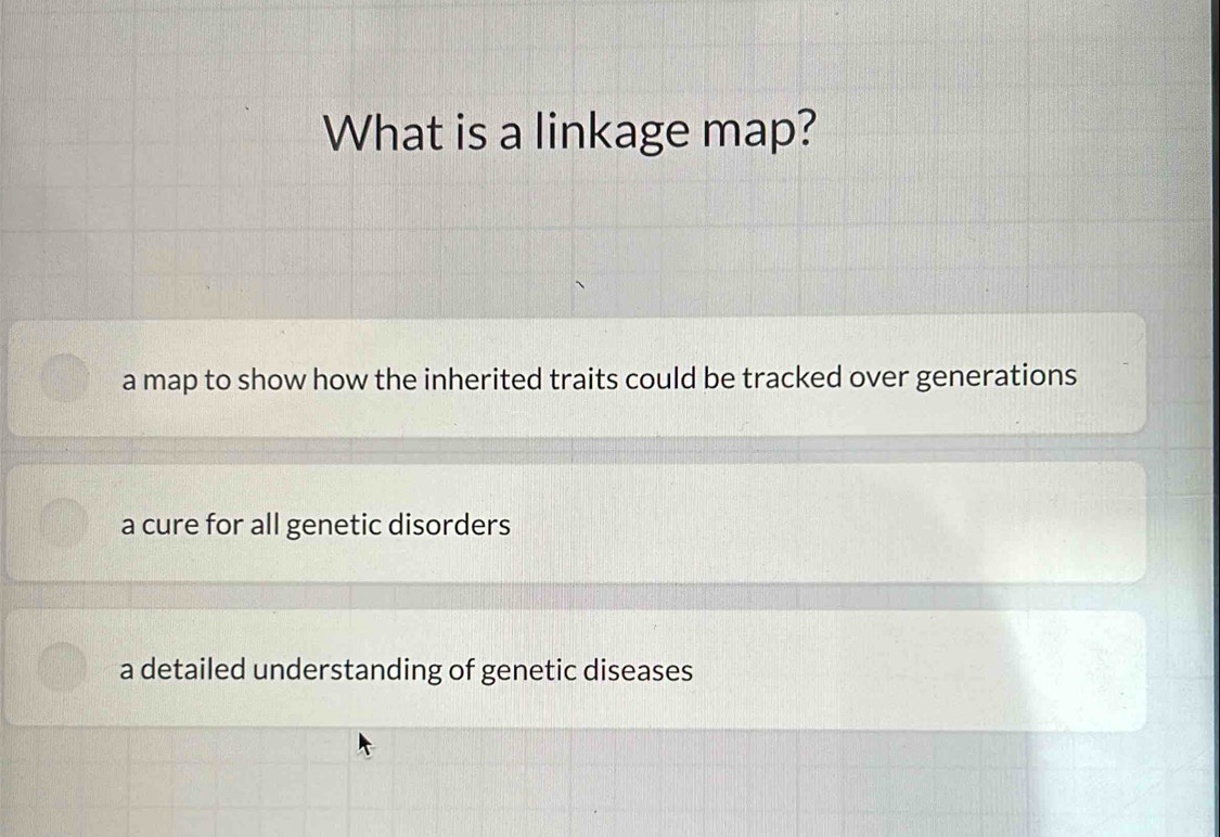 What is a linkage map?
a map to show how the inherited traits could be tracked over generations
a cure for all genetic disorders
a detailed understanding of genetic diseases