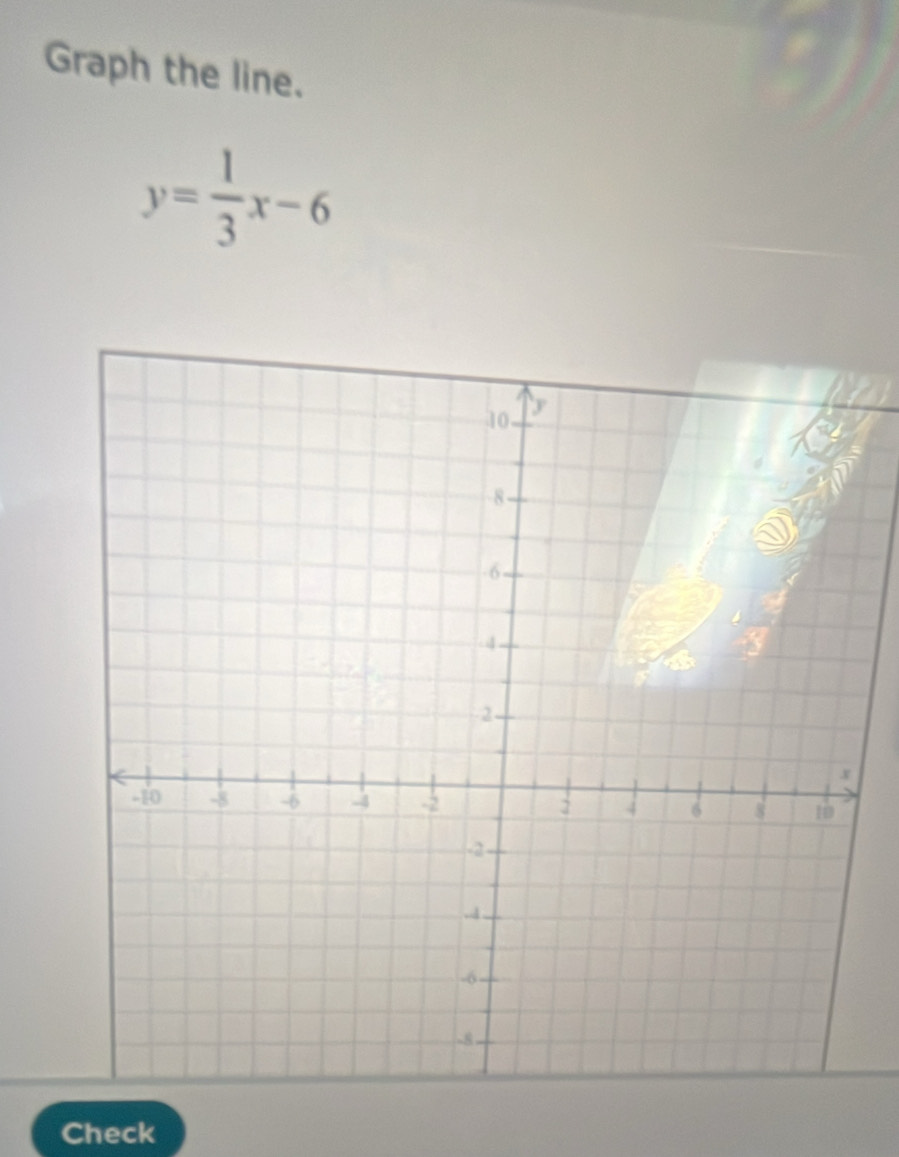 Graph the line.
y= 1/3 x-6
Check