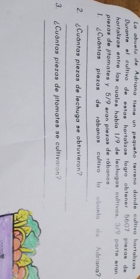 La abuela de Adriana tiene un pequeño terreno donde cultiva hortalizas. 
Durante el cultivo de estas hortalizas logro obtener 5607 piezas de 
hortalizas entre las cuales había 1/9 de lechugas cultivas, 3/9 parte eran 
piezas de jitomates y 5/9 eran piezas de rábanos . 
1. ¿Cuántas piezas de rábanos cultivo la abuela de Adriana? 
_ 
2. ¿Cuántas piezas de lechuga se obtuvieron? 
_ 
3. ¿Cuántas piezas de jitomates se cultivaron? 
_