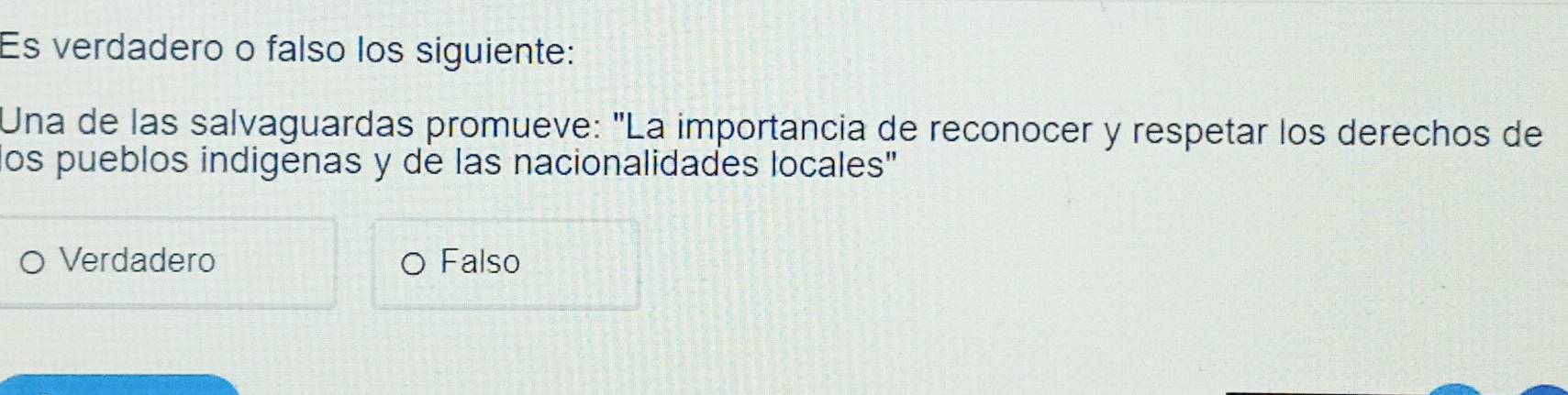 Es verdadero o falso los siguiente:
Una de las salvaguardas promueve: "La importancia de reconocer y respetar los derechos de
los pueblos indigenas y de las nacionalidades locales"
Verdadero Falso