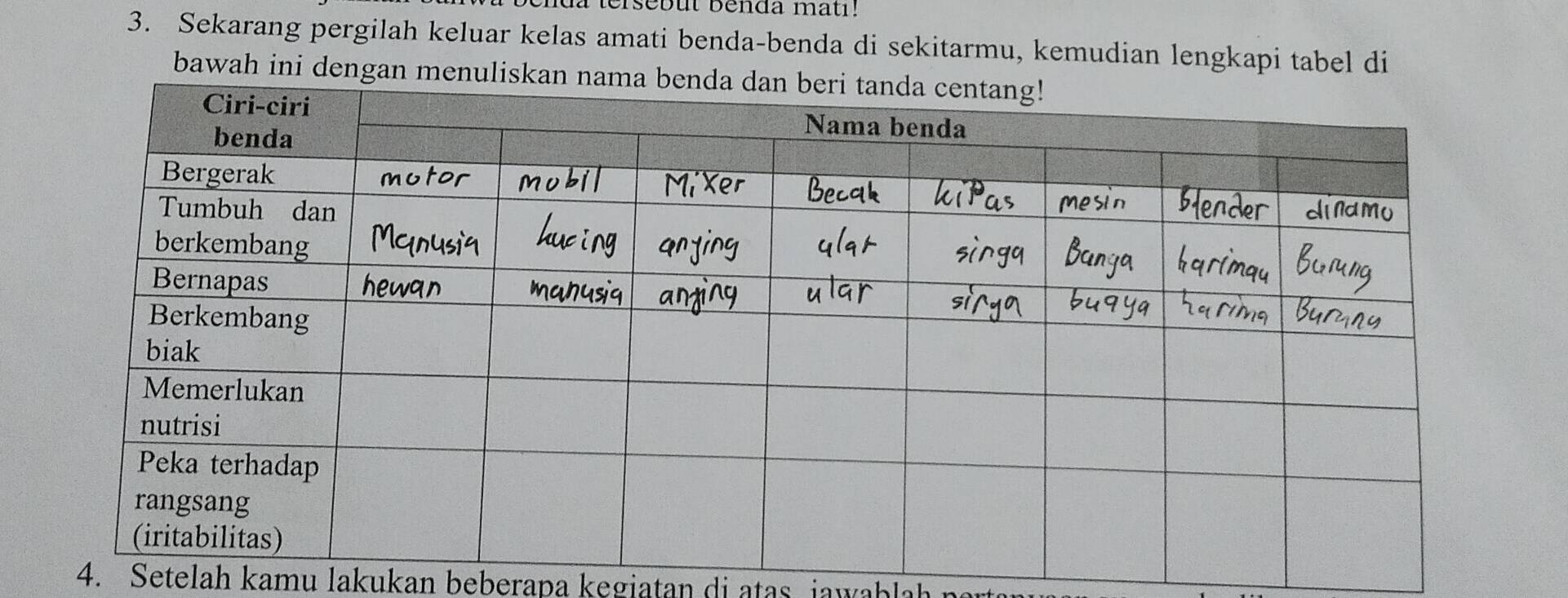 rsebut benda matı! 
3. Sekarang pergilah keluar kelas amati benda-benda di sekitarmu, kemudian lengkapi tabel di 
bawah ini denga 
4. Setelah kamu lakukan beberapa kegiatan di atas jawablah no