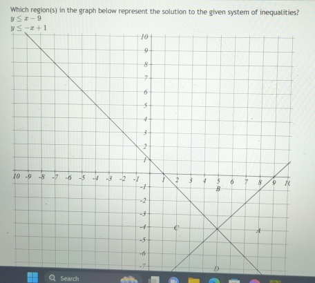 Which region(s) in the graph below represent the solution to the given system of inequalities?
y≤ x-9
1
Search