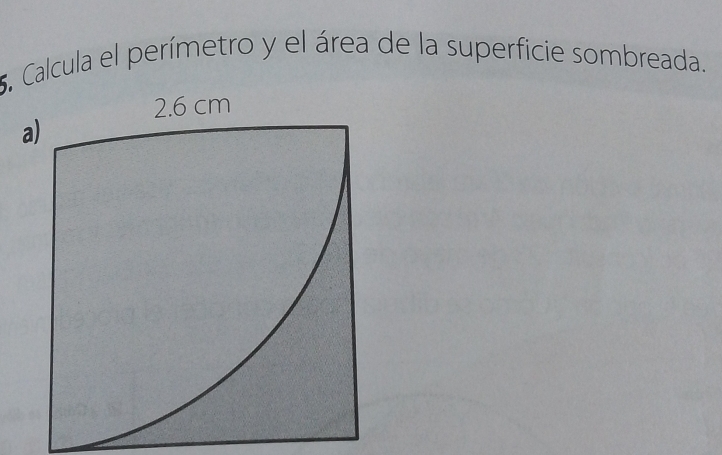 Calcula el perímetro y el área de la superficie sombreada. 
a