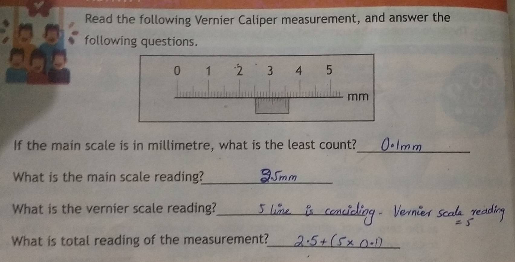 Read the following Vernier Caliper measurement, and answer the 
following questions. 
_ 
If the main scale is in millimetre, what is the least count? 
What is the main scale reading?_ 
What is the vernier scale reading?_ 
What is total reading of the measurement?_