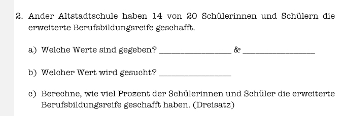 Ander Altstadtschule haben 14 von 20 Schülerinnen und Schülern die 
erweiterte Berufsbildungsreife geschafft. 
a)Welche Werte sind gegeben? _&e_ 
b) Welcher Wert wird gesucht?_ 
c) Berechne, wie viel Prozent der Schülerinnen und Schüler die erweiterte 
Berufsbildungsreife geschafft haben. (Dreisatz)