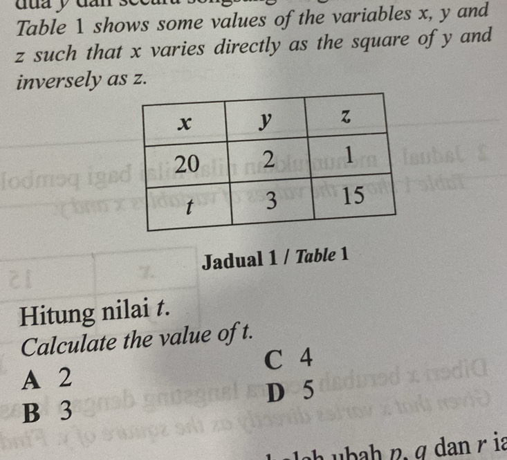 dua y dan s
Table 1 shows some values of the variables x, y and
z such that x varies directly as the square of y and
inversely as z.
Jadual 1 / Table 1
Hitung nilai t.
Calculate the value of t.
C 4
A 2
D 5
B 3
h ubah ç, g dan r ia