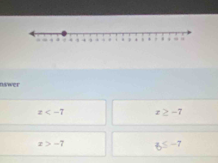 nswer
x
x≥ -7
x>-7
3≤ -7