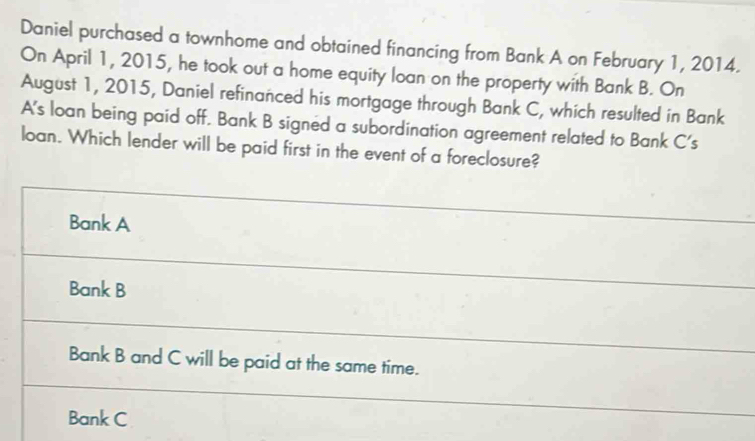 Solved: Daniel purchased a townhome and obtained financing from Bank A ...