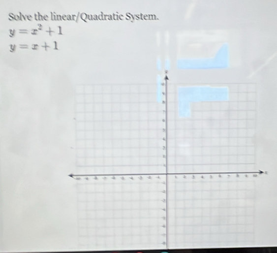 Solve the linear/Quadratic System.
y=x^2+1
y=x+1