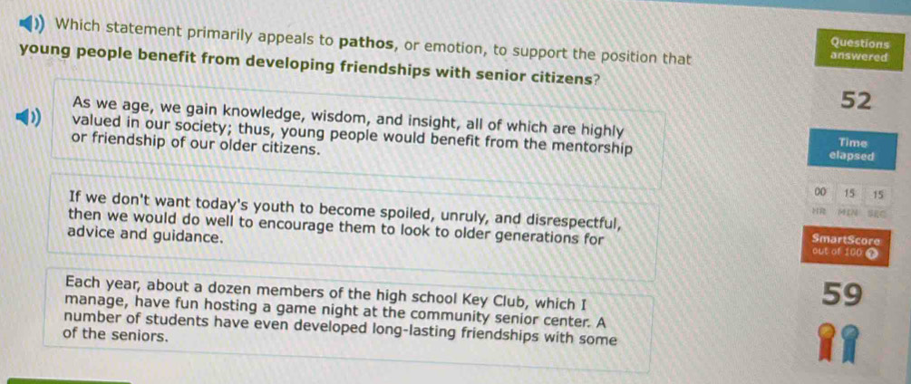 ) Which statement primarily appeals to pathos, or emotion, to support the position that answered
Questions
young people benefit from developing friendships with senior citizens?
52
As we age, we gain knowledge, wisdom, and insight, all of which are highly
) valued in our society; thus, young people would benefit from the mentorship elapsed Time
or friendship of our older citizens.
00 15 15
HR MIN SEC
If we don't want today's youth to become spoiled, unruly, and disrespectful, SmartScore
then we would do well to encourage them to look to older generations for out of 100
advice and guidance.
Each year, about a dozen members of the high school Key Club, which I
59
manage, have fun hosting a game night at the community senior center. A
number of students have even developed long-lasting friendships with some
of the seniors.