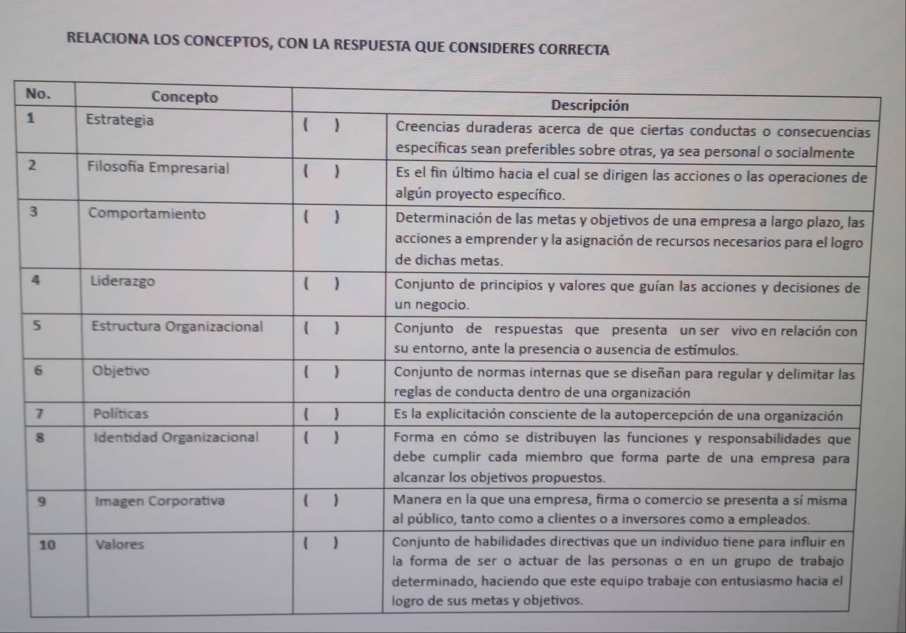 RELACIONA LOS CONCEPTOS, CON LA RESPUESTA QUE CONSIDERES CORRECTA 
N