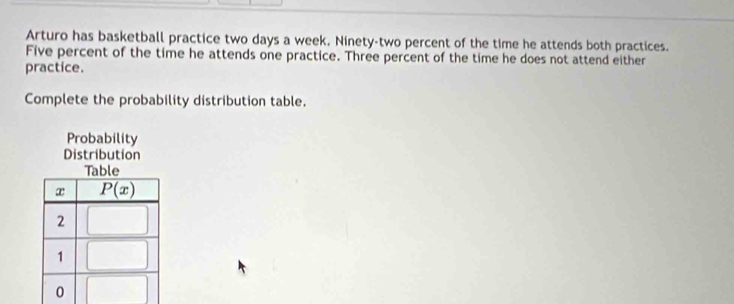 Arturo has basketball practice two days a week. Ninety-two percent of the time he attends both practices. 
Five percent of the time he attends one practice. Three percent of the time he does not attend either 
practice. 
Complete the probability distribution table. 
Probability 
Distribution 
Table
x P(x)
2
1
0