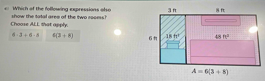 Which of the following expressions also
show the total area of the two rooms?
Choose ALL that apply.
6· 3+6· 8 6(3+8)