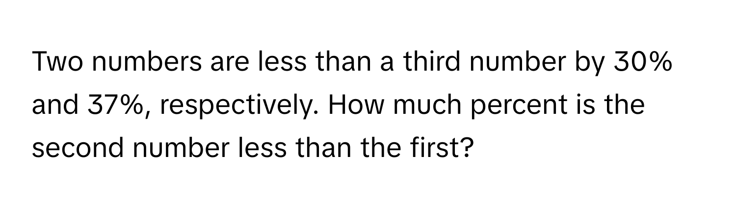 Two numbers are less than a third number by 30% and 37%, respectively. How much percent is the second number less than the first?