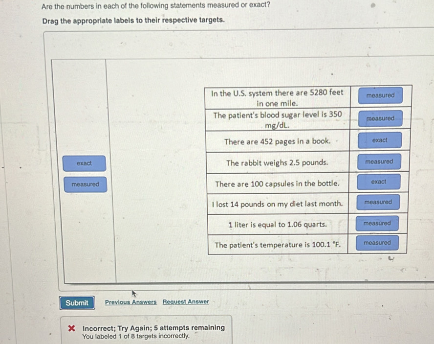 Are the numbers in each of the following statements measured or exact?
Drag the appropriate labels to their respective targets.
exact 
measured 
Submit Previous Answers Request Answer
Incorrect; Try Again; 5 attempts remaining
You labeled 1 of 8 targets incorrectly.