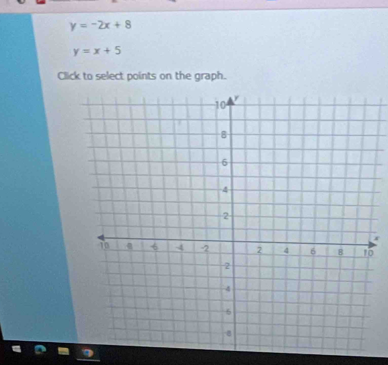 y=-2x+8
y=x+5
Click to select points on the graph.