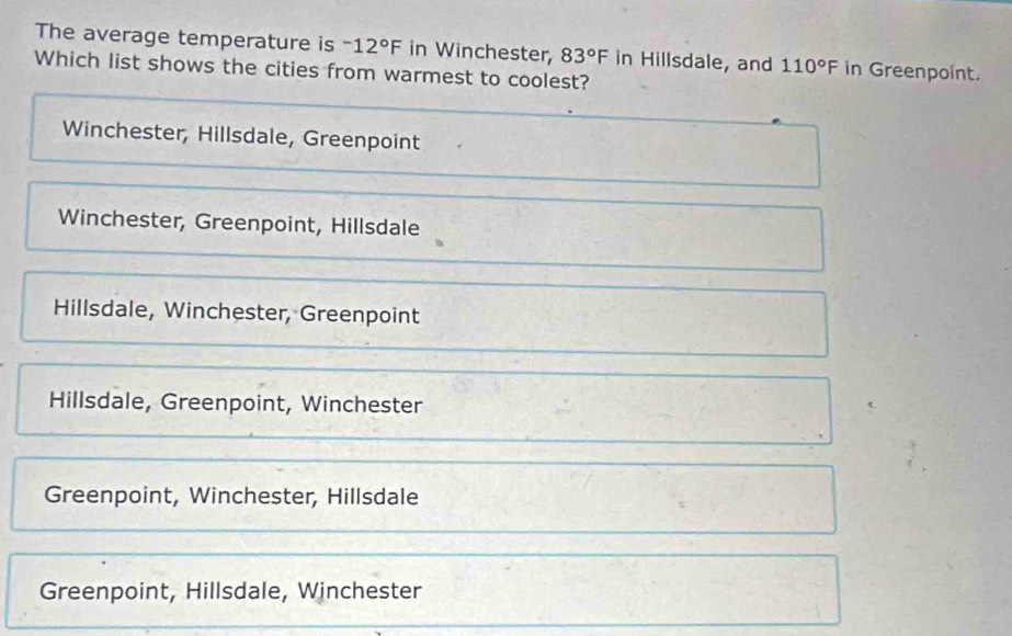 The average temperature is -12°F in Winchester, 83°F in Hillsdale, and 110°F in Greenpoint.
Which list shows the cities from warmest to coolest?
Winchester, Hillsdale, Greenpoint
Winchester, Greenpoint, Hillsdale
Hillsdale, Winchester, Greenpoint
Hillsdale, Greenpoint, Winchester
Greenpoint, Winchester, Hillsdale
Greenpoint, Hillsdale, Winchester