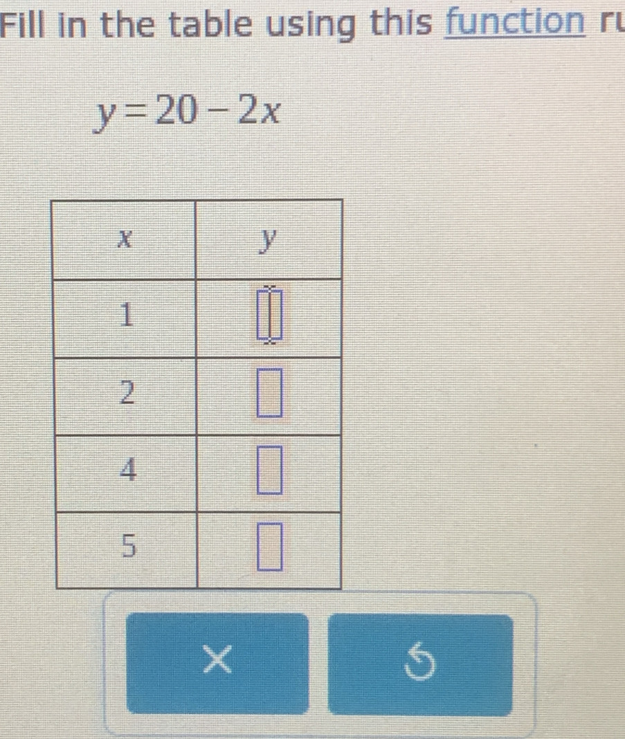 Fill in the table using this function ru
y=20-2x
5