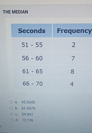 THE MEDIAN
y
a. 45.5345
b. 61.4375
c. 54.847
d. 72.126
S.
