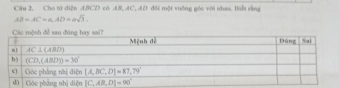 Cho tử diện ABCD cô AB, AC, AD đôi một vuông góc với nhau. Biết rằng
AB=AC=a,AD=asqrt(3).