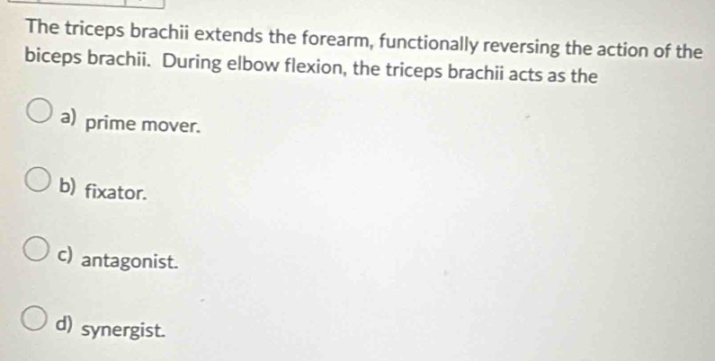 The triceps brachii extends the forearm, functionally reversing the action of the
biceps brachii. During elbow flexion, the triceps brachii acts as the
a) prime mover.
b) fixator.
c) antagonist.
d) synergist.