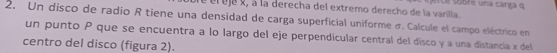 ejerce sobre una carga q
Dre él ejé x, à la derecha del extremo derecho de la varilla. 
2. Un disco de radio R tiene una densidad de carga superficial uniforme σ. Calcule el campo eléctrico en 
un punto P que se encuentra a lo largo del eje perpendícular central del disco y a una distancia x del 
centro del disco (figura 2).