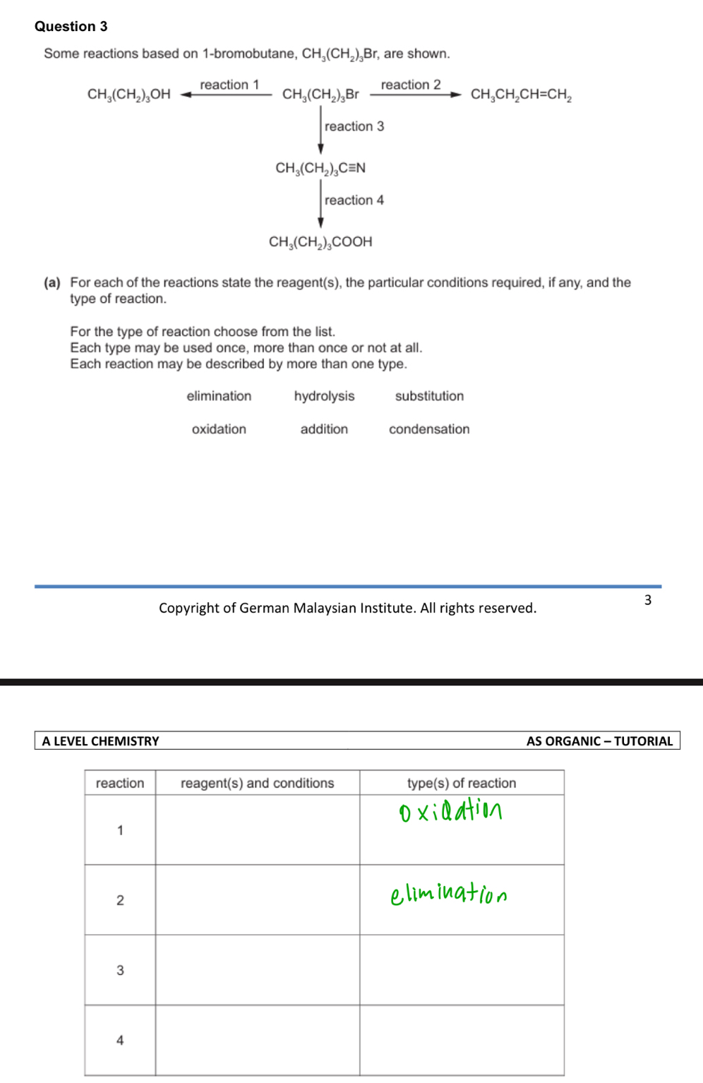 Some reactions based on 1 -bromobutane, CH_3(CH_2)_3Br , are shown.
CH_3(CH_2)_5OH+frac nBaction1CH_3(CH_3)_2Brxrightarrow nBaction2CH_2CH_2O][ntCH_2CH+CH_2 
□ 
(-3,4)
CH_3(CH_2)_3Cequiv N
CH_3(CH_2)_3COOH
(a) For each of the reactions state the reagent(s), the particular conditions required, if any, and the
type of reaction.
For the type of reaction choose from the list.
Each type may be used once, more than once or not at all.
Each reaction may be described by more than one type.
elimination hydrolysis substitution
oxidation addition condensation
Copyright of German Malaysian Institute. All rights reserved.
3
A LEVEL CHEMISTRY AS ORGANIC - TUTORIAL