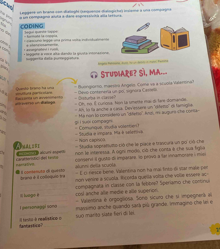 Scuo
Leggere un brano con dialoghi (sequenze dialogiche) insieme a una compagna
ha pon o un compagno aiuta a dare espressività alla lettura.
gnung
fila. CODING
10 dat
Segui queste tappe:
formate la coppia,
ciascuno legge una prima volta individualmente
otrei e silenziosamente,
com assegnatevi i ruoli,
leggete a voce alta dando la giusta intonazione,
suggerita dalla punteggiatura.
ta la
Angelo Petrosino, Aiuto, ho un debito in matel, Piemme
piace
STUDIARE? SI, MA...
   
Questo brano ha una - Buongiorno, maestro Angelo. Come va a scuola Valentina?
diab struttura particolare. - Devo contenerla un po’, signora Castelli.
Racconta un avvenimento - Disturba in classe?
attraverso un dialogo. - Oh, no. È curiosa. Non la smette mai di fare domande.
Simo
- Ah, lo fa anche a casa. Dev’essere un 'difetto' di famiglia.
and
- Ma non lo considero un ''difetto'. Anzi, mi auguro che conta-
lí cor
gi i suoi compagni.
— Comunque, studia volentieri?
hano - Studia e impara. Ma è selettiva.
- Non capisco.
ANALISI
Studia soprattutto ciò che le piace e trascura un po' ciò che
che RICONOSCI alcuni aspetti non le interessa. A ogni modo, ciò che conta è che sua figlia
caratteristici del testo
to narrativo. conservi il gusto di imparare. Io provo a far innamorare i miei
alunni della scuola.
Il contenuto di questo
brano è il colloquio tra - E ci riesce bene. Valentina non ha mai finto di star male per
non venire a scuola. Ricorda quella volta che volle essere ac-
_
_compagnata in classe con la febbre? Speriamo che continui
Il luogo è_ così anche alle medie e alle superiori.
- Valentina è orgogliosa. Sono sicuro che si impegnerà al
I personaggi sono _massimo anche quando sarà più grande. Immagino che lei e
_Il testo è realistico o suo marito siate fieri di lei.
fantastico?_
2