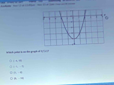 Pe n e y oom Paina 0 
Amlable Nov 15 st 12:40par - Now 15 at 2gn = tou an 10 monme
Which point is on the graph of 3f(x)
(-4,12)
(-1,-7)
(1,-2)
(9,-15)