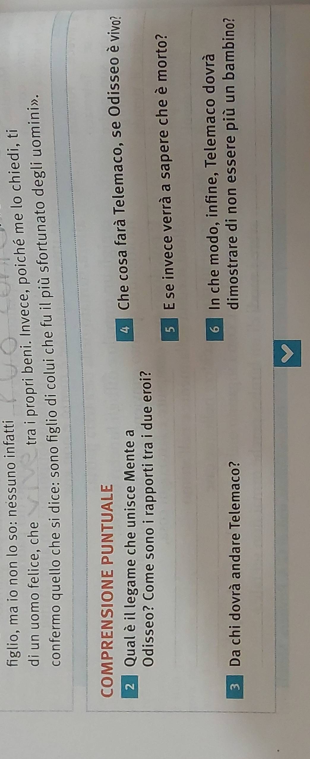 figlio, ma io non lo so: nessuno infatti 
di un uomo felice, che 
tra i propri beni. Invece, poiché me lo chiedi, ti 
confermo quello che si dice: sono figlio di colui che fu il più sfortunato degli uomini». 
COMPRENSIONE PUNTUALE 
2 Qualè il legame che unisce Mente a 4 Che cosa farà Telemaco, se Odisseo è vivo? 
Odisseo? Come sono i rapporti tra i due eroi?
5 E se invece verrà a sapere che è morto? 
6 In che modo, infine, Telemaco dovrà 
Da chi dovrà andare Telemaco? dimostrare di non essere più un bambino?