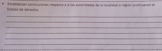 Establezcan conclusiones respecto a si las autoridades de la localidad o región promueven el 
Estado de derecho. 
_ 
_ 
_ 
_ 
_ 
_