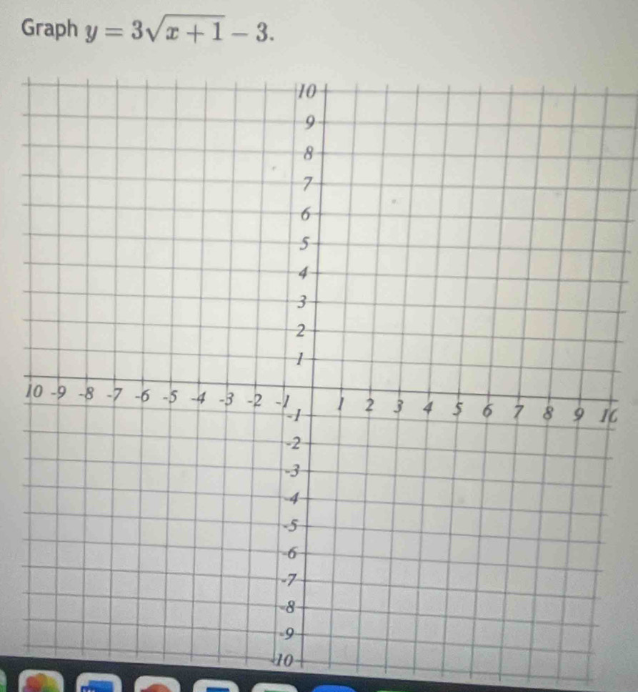 Graph y=3sqrt(x+1)-3. 
i6 
10